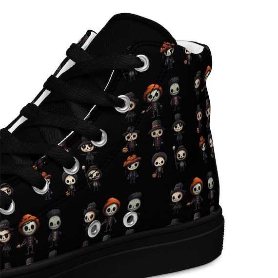Funky Spooky Men’s High Top Canvas Shoes, 80s Retro Halloween Sneakers, Vintage Gothic Style, Ghost Print Throwback Shoes for Him