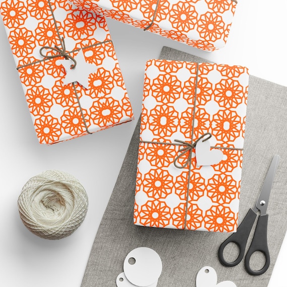 Orange Geometric Star Pattern Wrapping Papers | Floral Lattice Gift Wrap Ramadan Eid and wedding