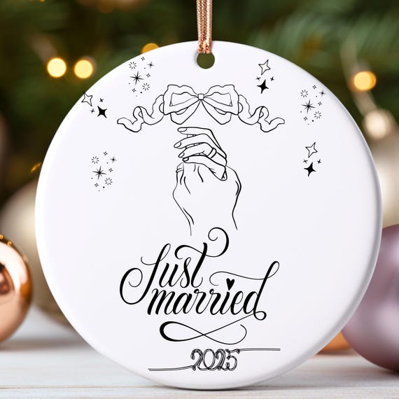 Ceramic Ornament, Just Married 2025, Personalized Wedding Gift, Christmas Keepsake, Holiday Decor & Celebration, Handmade Decoration