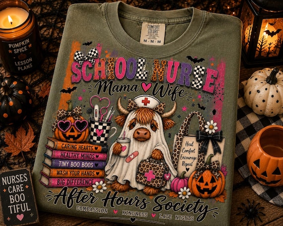 School Nurse Mama Wife Halloween Shirt, Cute Highland Cow Nurse Tee, Spooky School Nurse Shirt, Fall Nurse Gift