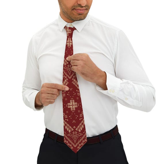 Palestinian Printed Tatreez Bandana Necktie, Vintage Pattern Neck Tie, Unique Gift for Men, Wedding Accessory, Trendy Fashion Tie
