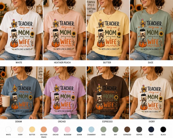 Teacher Mom Wife T-Shirt | Fall Pumpkin Sunflower Coffee Teacher Tee | Autumn Teacher Shirt | Coquette Teacher Gift | Fall Mom Wife Shirt