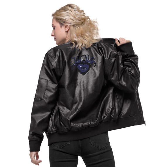 Gothic Spider One-Eye Leather Bomber Jacket – Halloween Gift, Edgy Streetwear, Spooky Goth Fashion for Men & Women