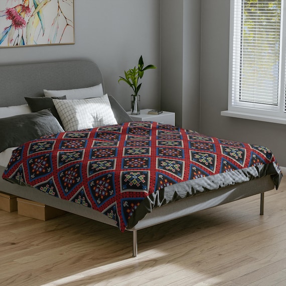 Printed Embroidery Microfiber Blanket: Middle Eastern Home Décor Throw cosy winter holiday décor.