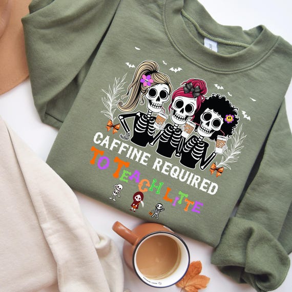 Unisex Sweatshirt | Gildan 18000 | Pre-K Teacher Halloween Shirt – Skeleton Drinking Coffee with Coquette Bow