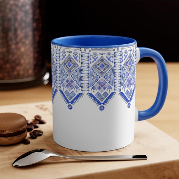 Palestinian Tatreez Bohemian Blue Accent Mug, Tea Lover Gift, Kitchen Decor, Unique Palesteninan Printed Tatreez