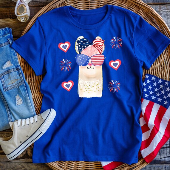 Unisex Jersey T-Shirt short-sleeve  Shirt, Fourth of July cute Animal USA 4th July concept Red White Blue Independence Day T-shirt Firework.