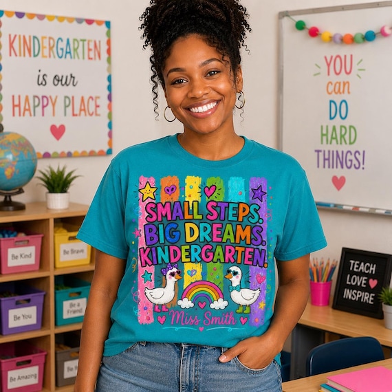 Small Steps Big Dreams Kindergarten T-shirt | Rainbow Unicorn Classroom Teacher Shirt Back to school teacher shirt.