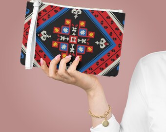Palestinian Tatreez Embroidery Clutch Bag: Vegan Leather Makeup Bag