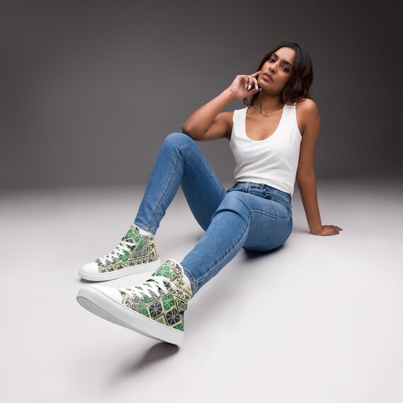 Palestinian Tatreez Women’s High Top Canvas Shoes, Arabic Embroidered Sneakers, Heritage Print, Cultural Gift, Ethnic Pattern Footwear