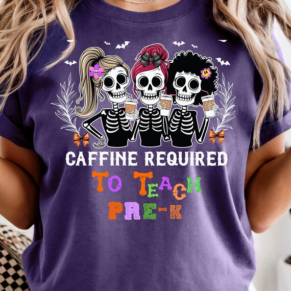Comfort Colors® Pre-K Teacher Halloween Shirt – Skeleton Drinking Coffee, Coquette Bow Design