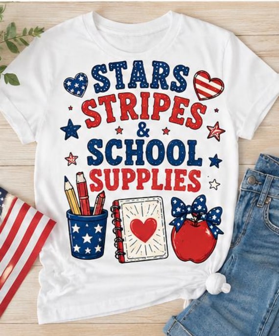 Patriotic Teacher Shirt | Stars Stripes & School Supplies Tee