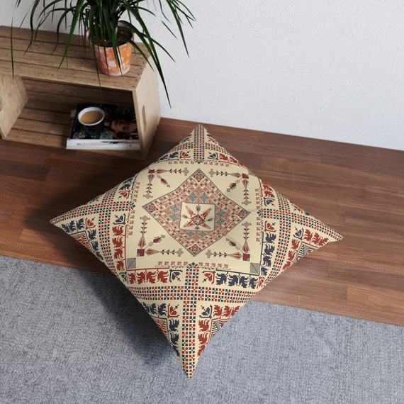 Palestinian Tatreez embroidery Printed Tufted Floor Pillow, Square Pillow Case Ramadan Home Décor. Tufted Floor Pillow, Square Floor Pillow