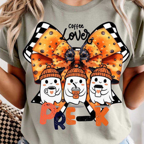 Spooky Pre-K Teacher Shirt | Halloween Ghost Coffee Lover Tee | Cute Boo Crew Fall Top