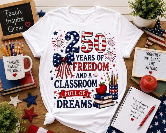250 Years of Freedom and a Classroom Shirt | America 250 Teacher Shirt | Patriotic Teacher Tee | 1776-2026 Fourth of July Teacher Gift