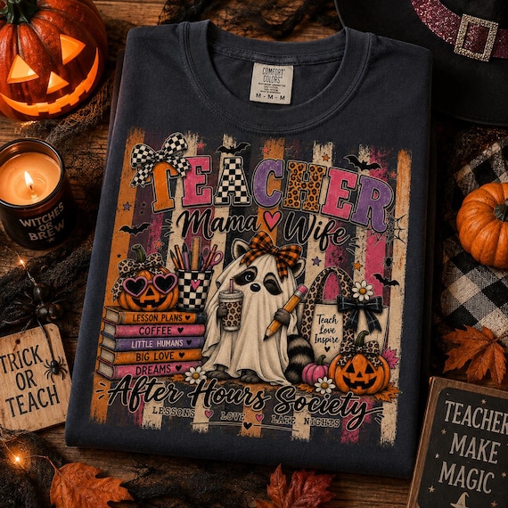 Teacher Mama Wife Halloween Shirt, Funny Raccoon Ghost Teacher Tee, Vintage Fall Teacher Shirt, Spooky Teacher Mom Gift.
