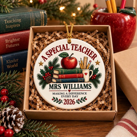 Special Teacher Apple Books Ornament | Personalized Teacher Christmas Decoration 2026