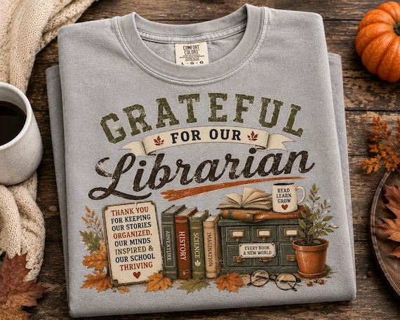 Grateful Librarian Fall Tee, Vintage Book Lover Gift, School Staff Appreciation Shirt