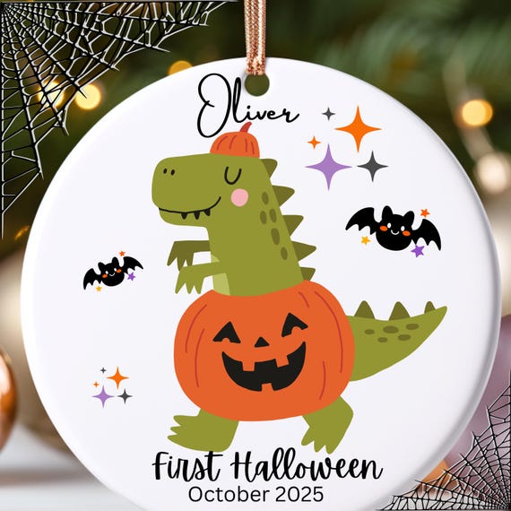 Personalised Baby’s First Halloween Decoration – Baby Dinosaur Bauble, First Halloween Ornament, Baby Keepsake Bauble Gift