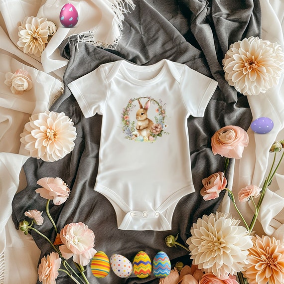 Personalized Children's White Cotton Personalised Bodysuit - Boys and Girls Easter Bunny Wreath and Name Infant Baby Rib Bodysuit.