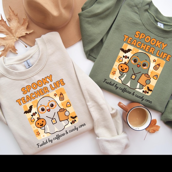 Halloween Teacher Sweatshirt – Kindergarten Teacher Ghost Design – Coffee Lover Cute Spooky Fall Gift