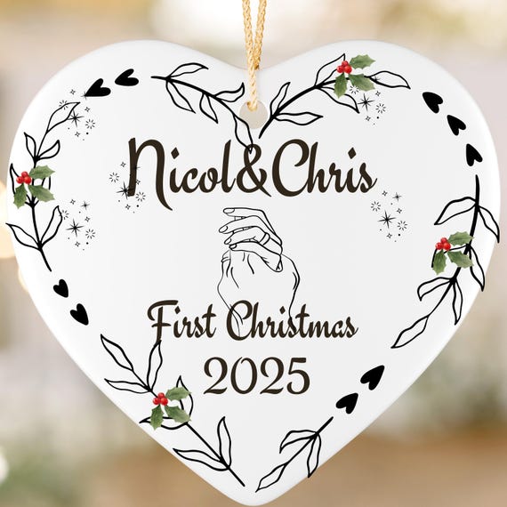 Ceramic Ornament, Heart Shape, Personalized First Christmas Decor Gift, 2025 Ornament, Keepsake Couple Holiday Gift