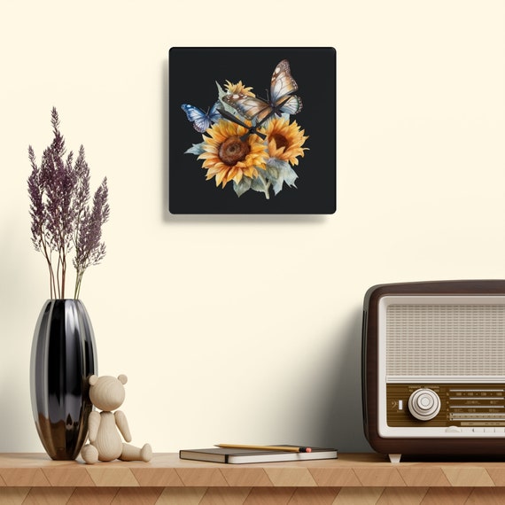 Acrylic Wall Clock with a floral butterfly design in a back ground gift for Christmas thanks giving gift for her gift for him .