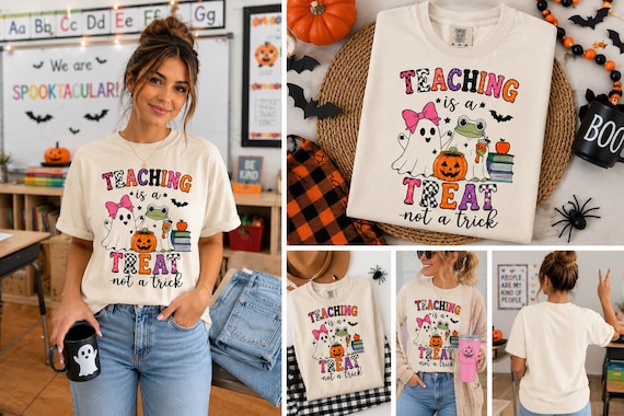 Teaching Is a Treat Not a Trick Shirt | Cute Halloween Teacher tee  Ghost Frog Teacher Tee | Kindergarten Shirt | Coquette Bow Halloween Tee