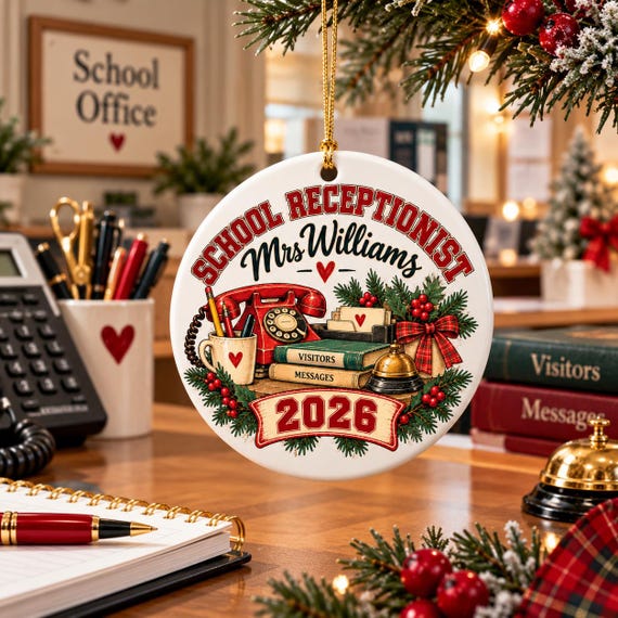 Personalised School Receptionist Christmas Ornament 2026, Vintage Office Staff Gift