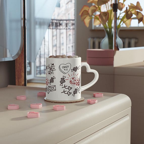 Love Doodle Pattern Heart Dice Candy Mug | Valentine Romance Cup