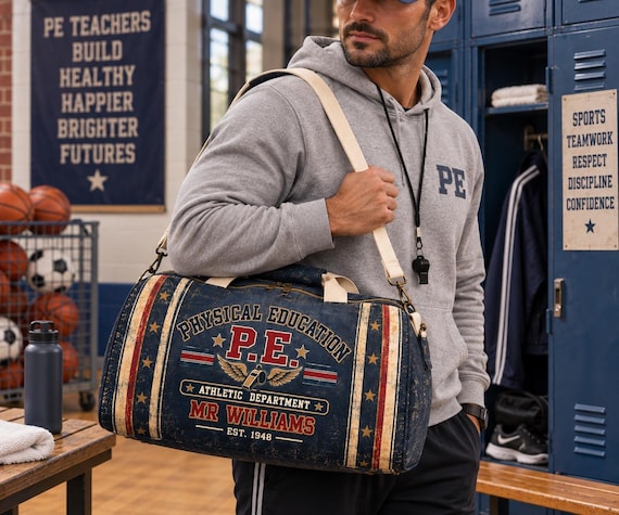 Personalised PE Teacher Duffel Bag, Vintage Athletic PE Bag, Custom Sports Teacher Bag, Coach Gift, School Staff Gift