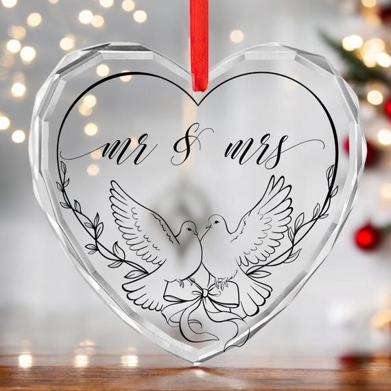 Heart-Shaped Wedding Ornament, Mr & Mrs Keepsake, Personalized Holiday Decoration, Bridal Shower Gift, Anniversary Keepsake, Two Doves Decor