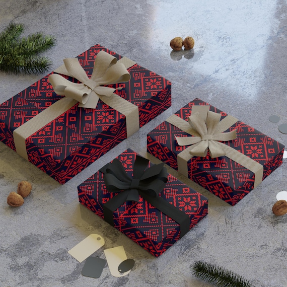 Wrapping gift, Nordic Red Geometric Design - Scandinavian Christmas Wrap Roll, Holiday Present Packaging, Festive Gift Wrap, Gift