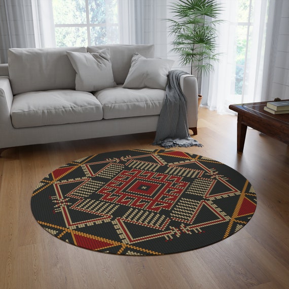Palestine  printed Tatreez Embroidery Round Rug: Henna Wedding Decor