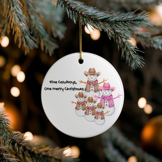 Five Cowboys One Merry Christmas snowman family Ornament | Ceramic Christmas decoration