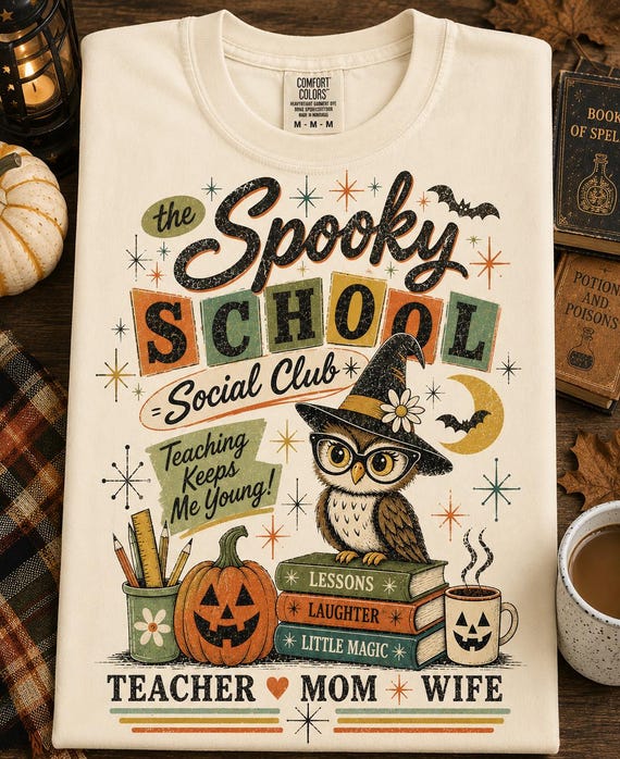 Retro Halloween Teacher Shirt, Spooky School Social Club Tee, Vintage Owl Teacher Shirt, Teacher Mom Wife Halloween Tee, Fall Teacher Gift