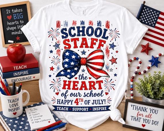 School Staff Patriotic Bow T-shirt | Heart of Our School, Teach Support Inspire