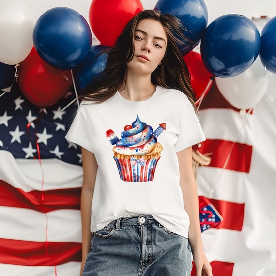 jersey short-sleeve Cupcake Shirt, Fourth of July Cupcake watercolour illustration, Red White, and Blue Baker Independence Day T-shirt