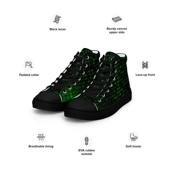 Men’s High Top Canvas Shoes – Matrix Background Futuristic Tech Design, Cyberpunk Style Sneakers, Digital Grid Pattern