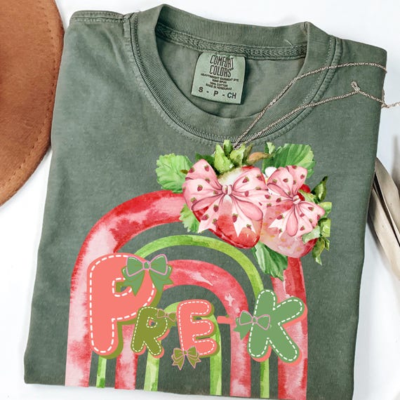 Comfort Colors® Kindergarten Teacher Shirt, Teacher Tee, Pre-K Teacher Shirt, Kinder Crew Shirt, Coquette Strawberry teacher shirt