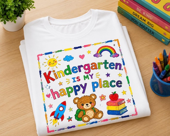 Kindergarten Is My Happy Place T-Shirt | Cute Teddy School Design I Back to school teacher shirt