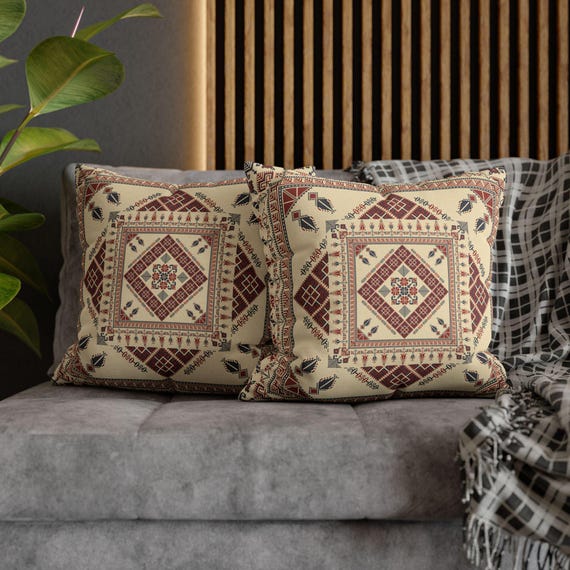 Palestinian  Printed Tatreez Square Pillowcase, Ethnic Gift for Ramadan Eid, Spun Polyester Cushion Cover, Traditional Embroidery Throw.
