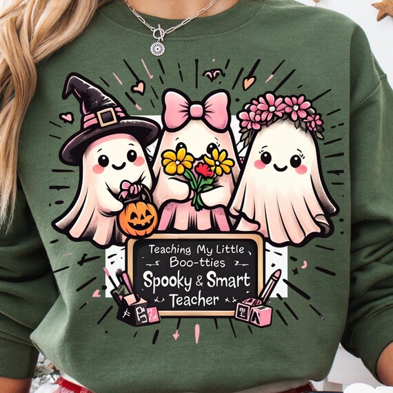 Halloween Teacher Sweatshirt – Cute Coquette Ghost Design, Pretty Spooky Teacher Shirt, Fall Teacher Outfit, Ghost Graphic Pullove