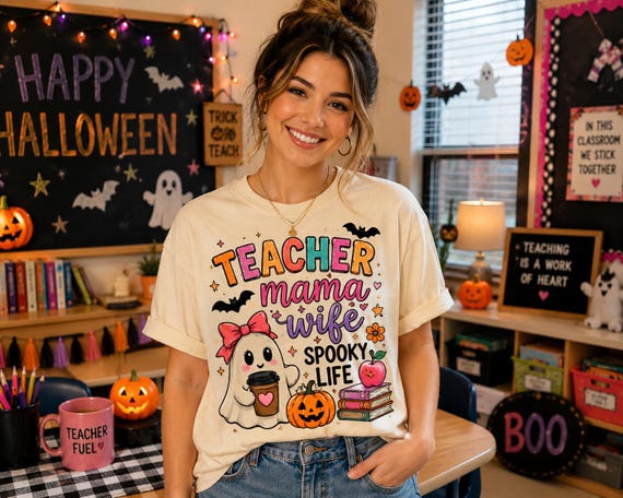 Teacher Mama Wife Spooky Life Shirt | Halloween Teacher Shirt | Cute Ghost Teacher Tee | Teacher Mom Halloween Shirt | Fall Teacher Gift |