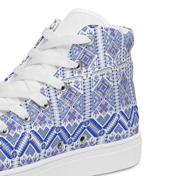Women’s High Top Canvas Shoes – Palestinian Tatreez Embroidery Design – Middle Eastern Heritage Sneakers – Cultural Pattern Fashion Footwear