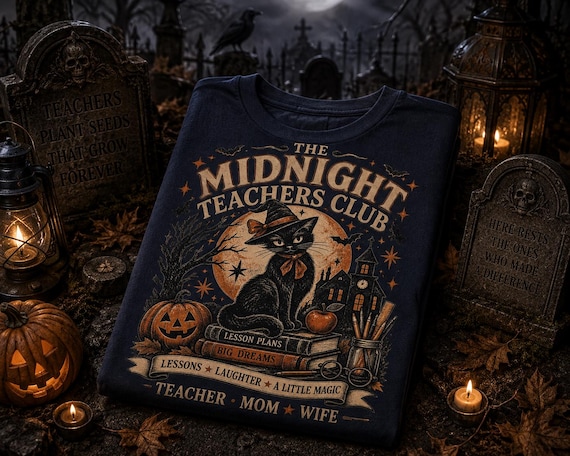Vintage Halloween Teacher Shirt, Black Cat Teacher Tee, Teacher Mom Wife Shirt, Spooky Teacher T-Shirt, Retro Halloween Teacher Gift