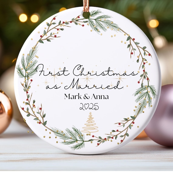 Ceramic Ornament, First Christmas Married Gift, Wedding Keepsake, Mr Mrs Newlywed, Botanical Greenery, Bride Groom Holiday Decor