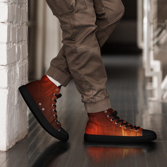 Men’s High Top Canvas Shoes – Abstract Futuristic Mesh Design, Geometric Lines & Polygons.
