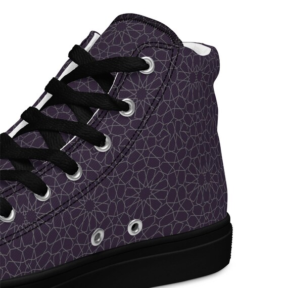 Women’s High Top Canvas Shoes with Middle Eastern Art Pattern – Boho Cultural Print Sneakers – Unique Ethnic Style Footwear