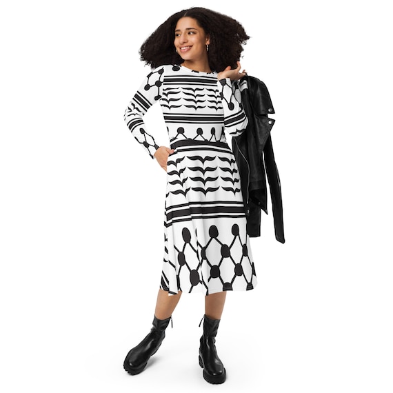 Palestinian Keffiyeh All-over print long sleeve midi dress, Woman clothes